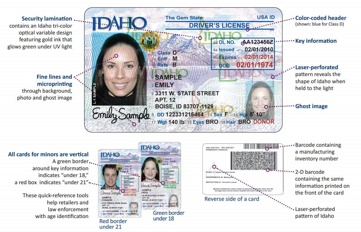 Idaho Driver License. Driver License example. ID Card back Side. USA Driver License Front and back.